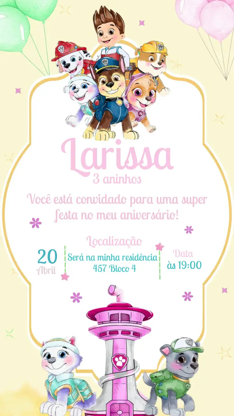 Convite Patrulha Canina Verde – tema Aniversário Infantil aquarela, divertido, colorido, temático, infantil, animais