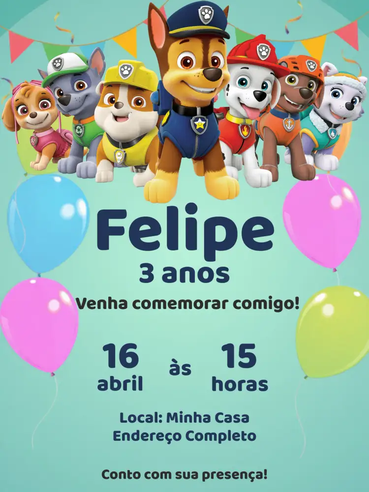 Convite Patrulha Canina Verde – tema Aniversário Infantil temática infantil, cores vibrantes, personagens animados, moderno, divertido, estilo digital