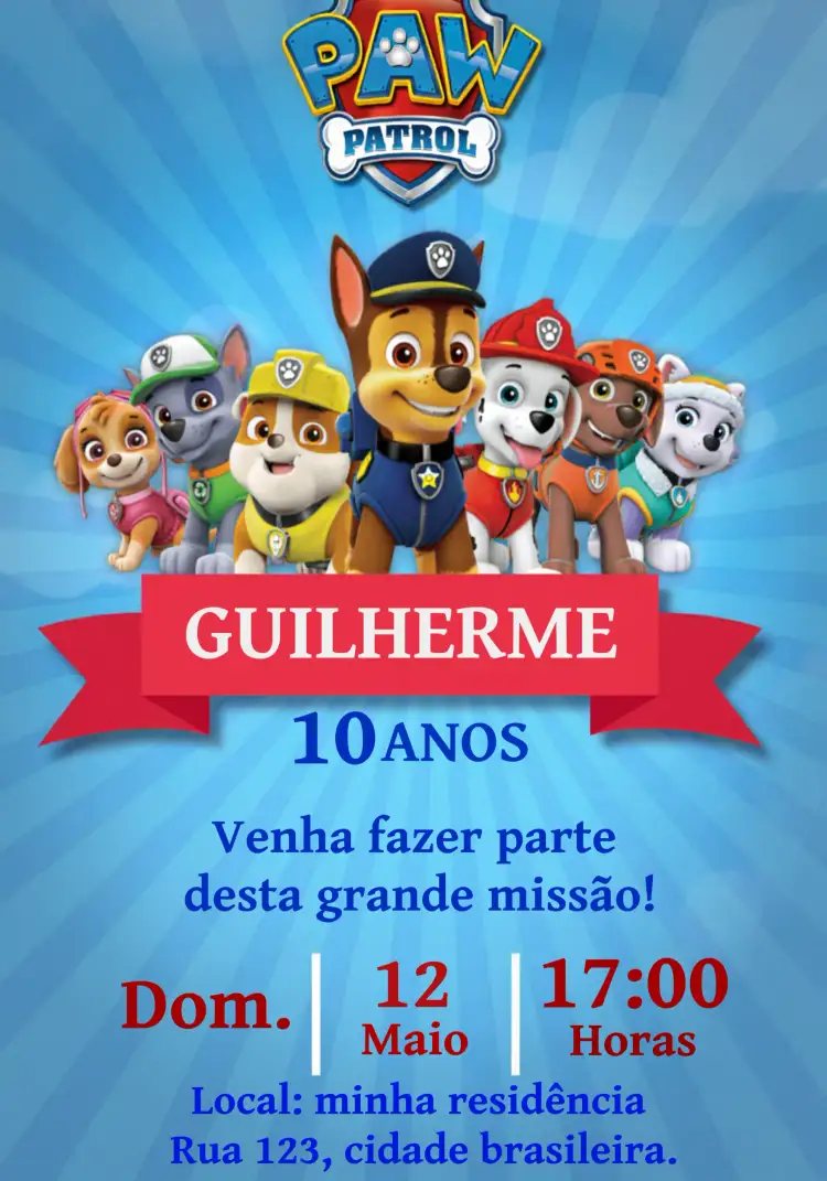 Convite Patrulha Canina Vermelho – tema Aniversário Infantil vermelho, azul, temática infantil, divertido, colorido, moderno