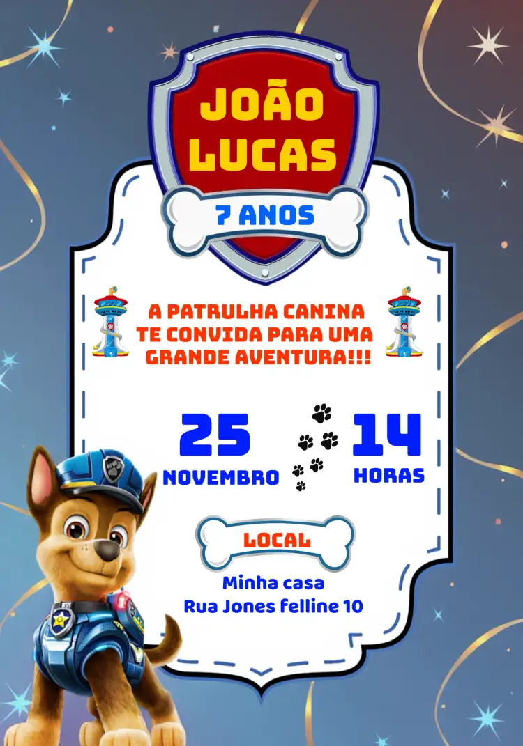 Convite Patrulha Canina Vermelho – tema Aniversário Infantil divertido, colorido, temático, infantil, brincalhão