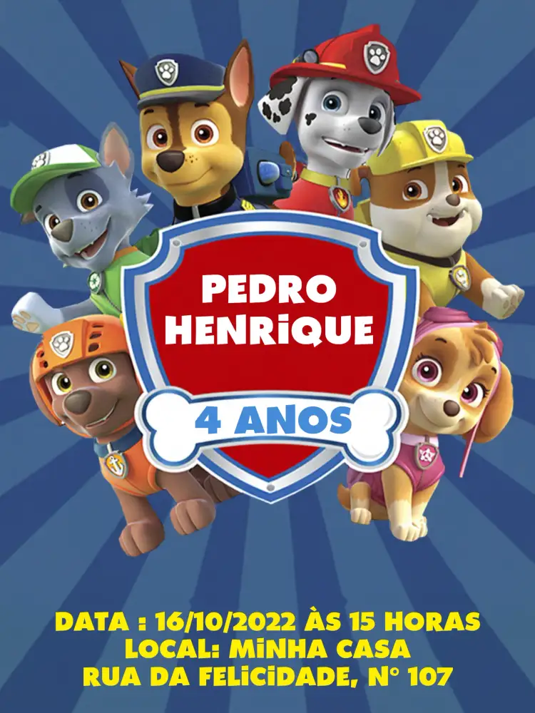 Convite Patrulha Canina Vermelho – tema Aniversário Infantil vermelho, azul, amarelo, listrado, divertido, temático