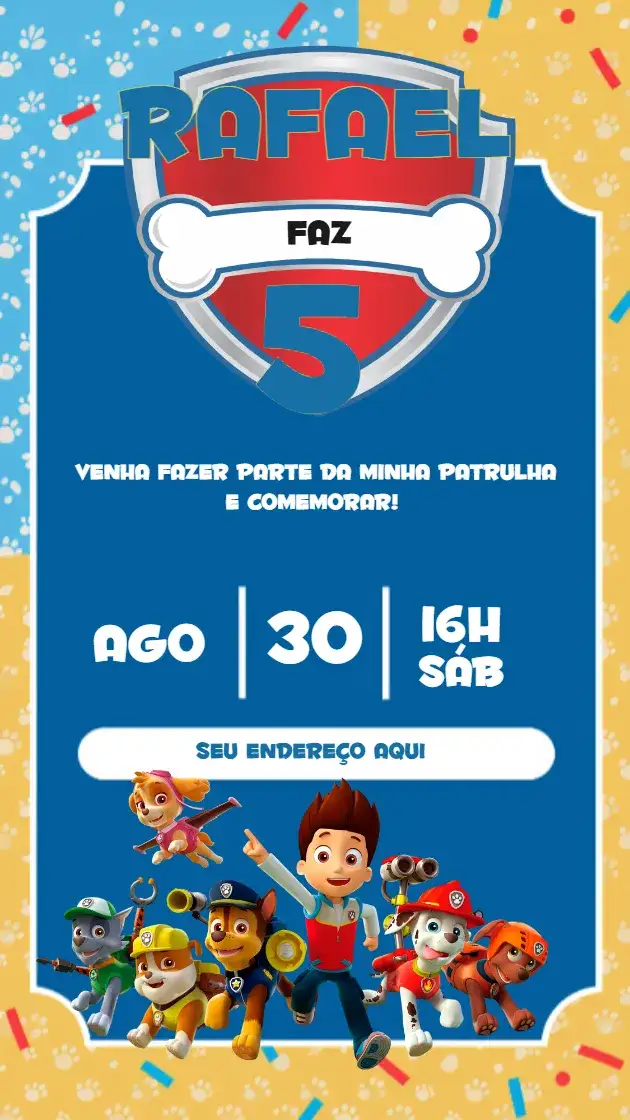 Convite Patrulha Canina Vermelho – tema Aniversário Infantil vermelho, azul, amarelo, divertido, temático, infantil