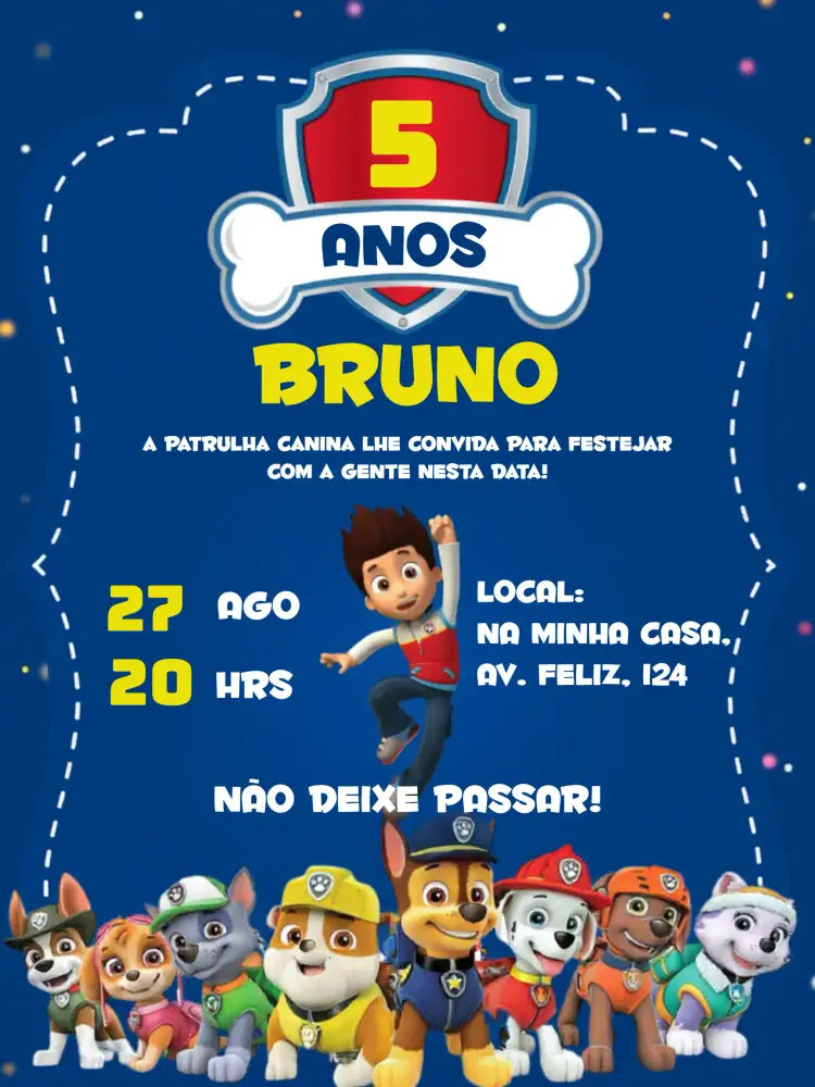Convite Patrulha Canina Vermelho – tema Aniversário Infantil vermelho vibrante, azul claro, branco, moderno, divertido, temática de aventura
