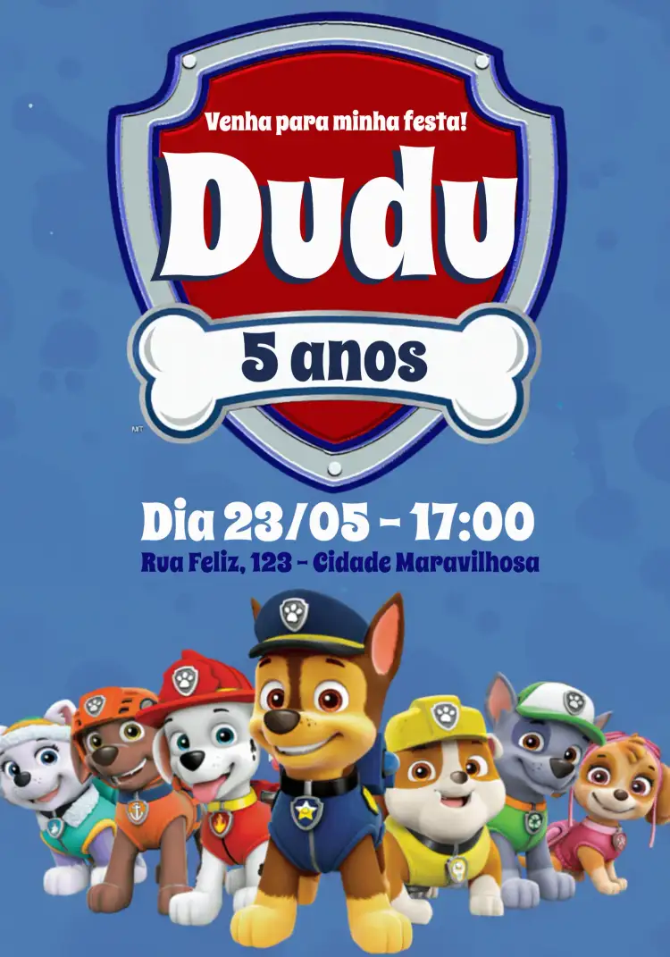 Convite Patrulha Canina Vermelho – tema Aniversário Infantil colorido, divertido, temático, infantil, vibrante