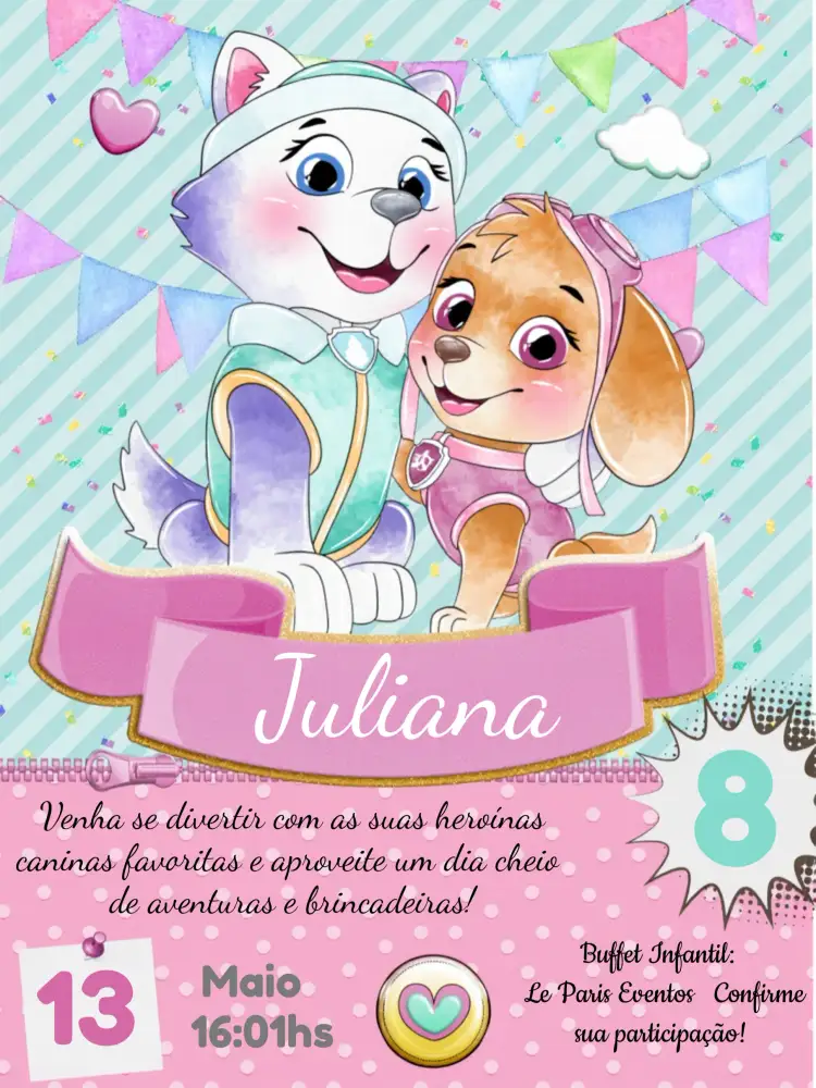 Convite Patrulha Canina Virtual – tema Aniversário Infantil colorido, divertido, infantil, temático, moderno