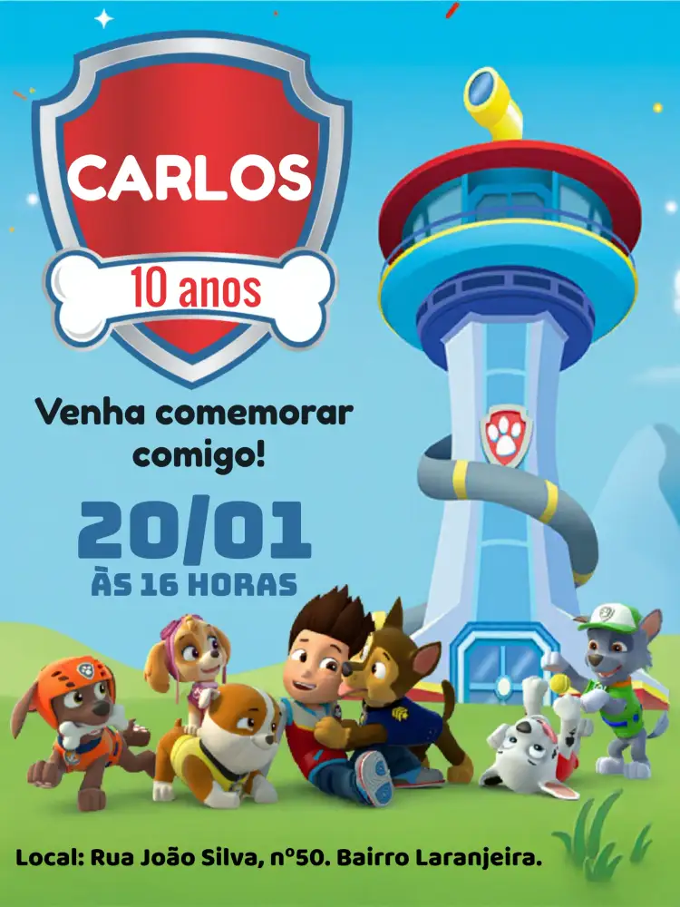 Convite Patrulha Canina Zuma – tema Aniversário Infantil colorido, divertido, infantil, temático, animado