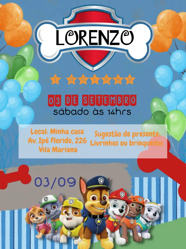 Convite Patrulha Canina Zuma – tema Aniversário Infantil cores vibrantes, estilo divertido, personagens da Patrulha Canina, elementos gráficos de aventura, design alegre