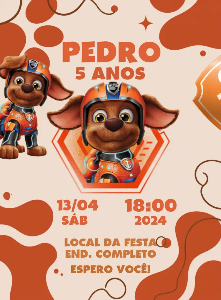 Convite Patrulha Canina Zuma Desenho – tema Aniversário Infantil colorido, divertido, temático, ilustrações de personagens, estilo cartoon