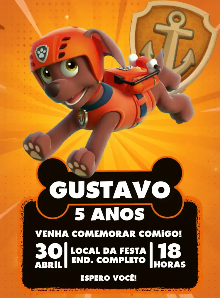 Convite Patrulha Canina Zuma Laranja – tema Aniversário Infantil colorido, divertido, infantil, temático, animado