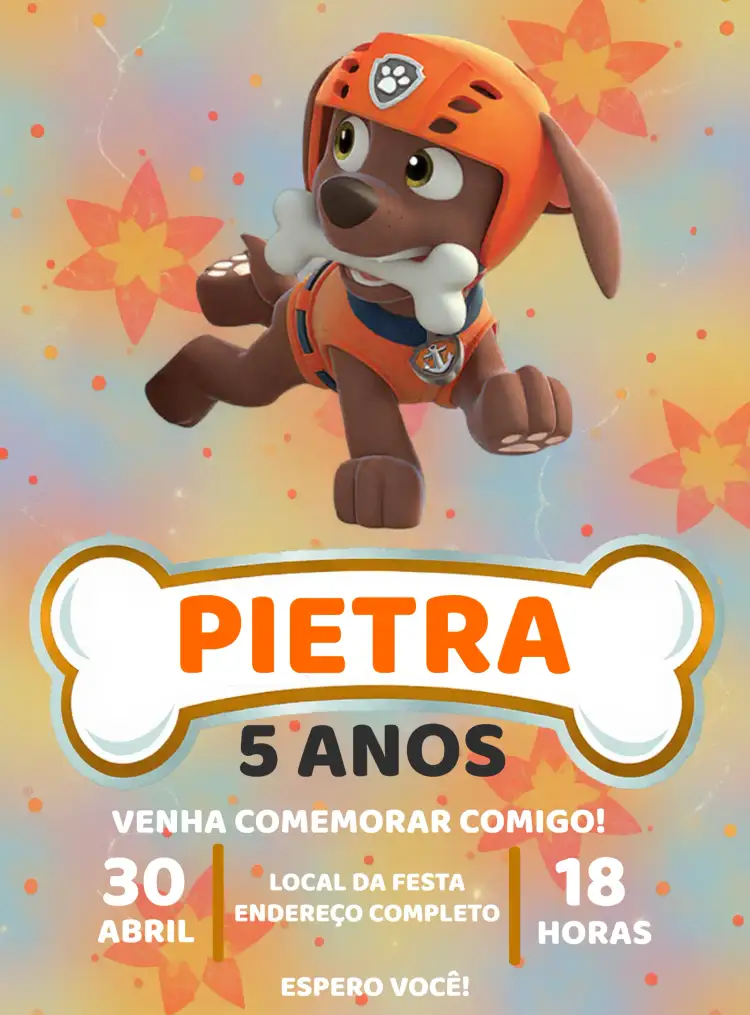 Convite Patrulha Canina Zuma Marshall – tema Aniversário Infantil vermelho, cinza, temática infantil, moderno, divertido