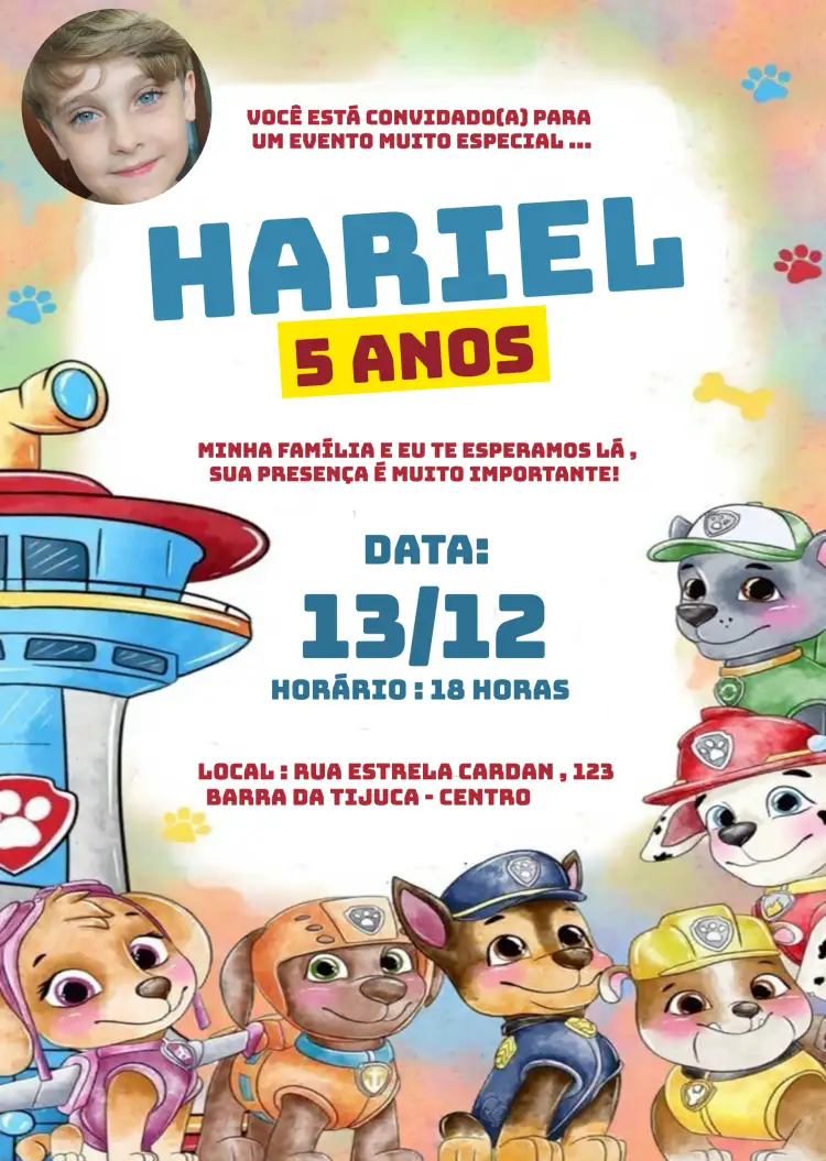 Convite Patrulha Caninha Amarelo – tema Aniversário Infantil colorido, divertido, temático, animado, infantil