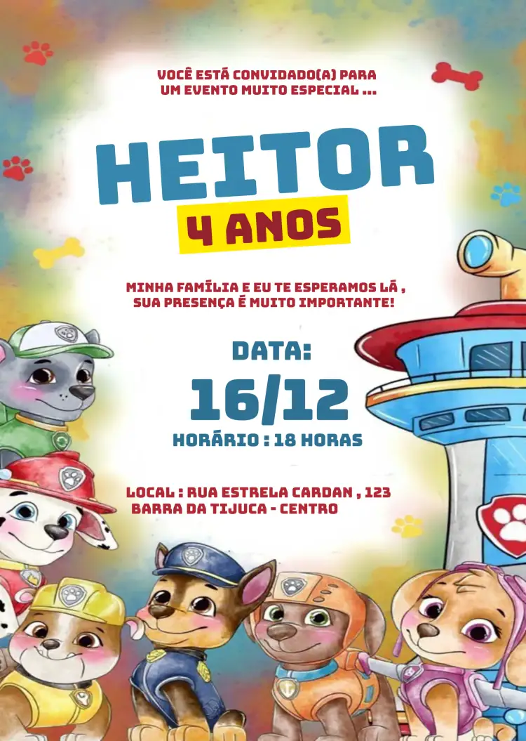 Convite Patrulha Caninha Festa – tema Aniversário Infantil colorido, divertido, temático, infantil, animado