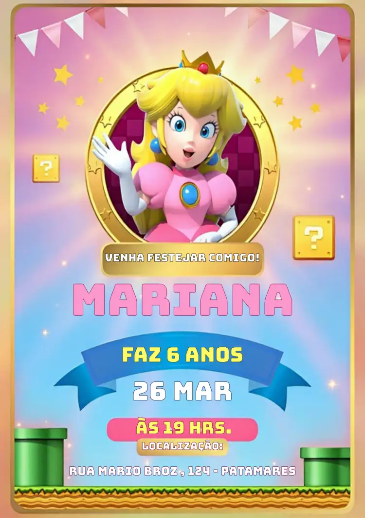 Convite Peach Princesa – tema Aniversário Infantil cores suaves, lúdico, temática de games, vibes de festa, estilo moderno, elementos gráficos divertidos