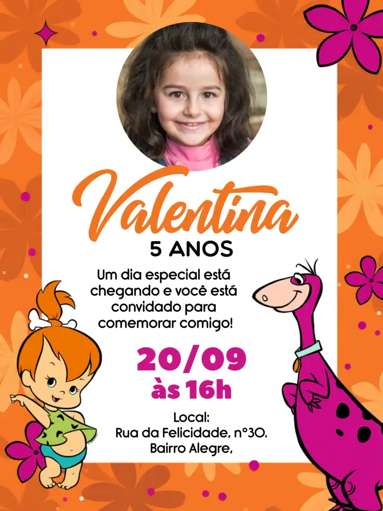 Convite Pedrita Com Foto Dino – tema Aniversário Infantil colorido, divertido, temático, vibrante, infantil