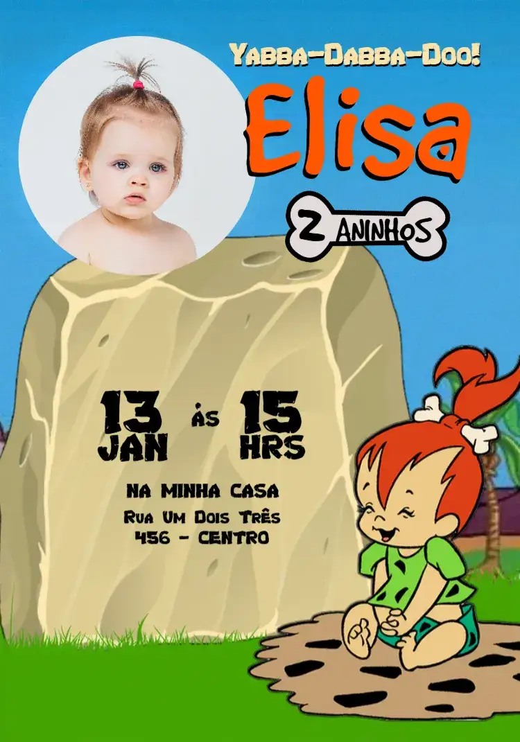Convite Pedrita Com Foto Flintstones – tema Aniversário Infantil colorido, divertido, temático, vintage, lúdico