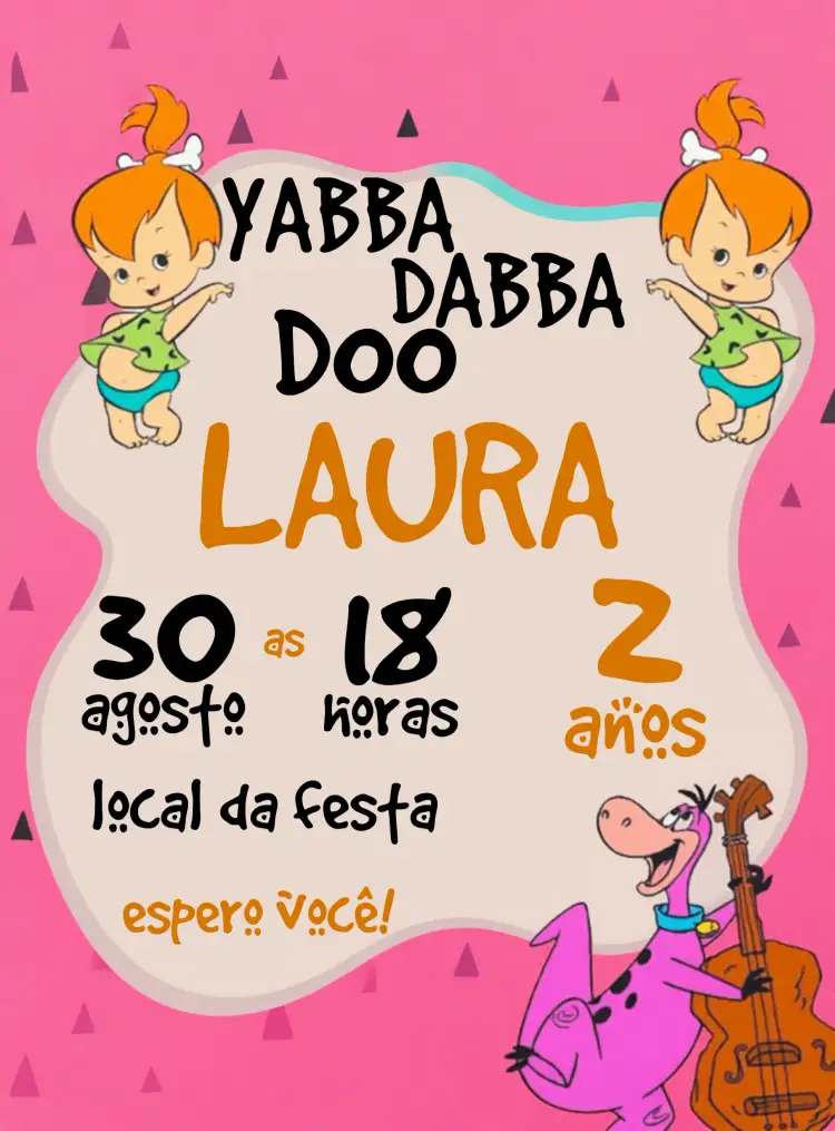 Convite Pedrita Dabba – tema Aniversário Infantil vibrante, pré-histórico, colorido, divertido, temático, lúdico