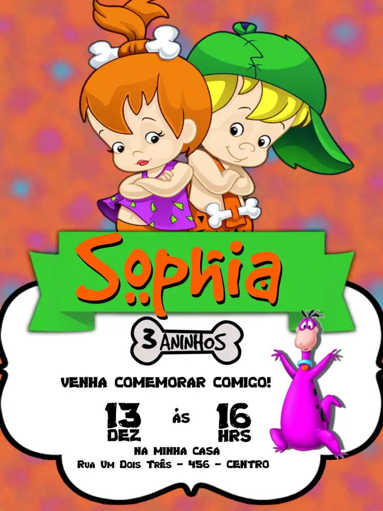 Convite Pedrita E Bambam Laranja – tema Aniversário Infantil vibrante, lúdico, pré-histórico, colorido, divertido