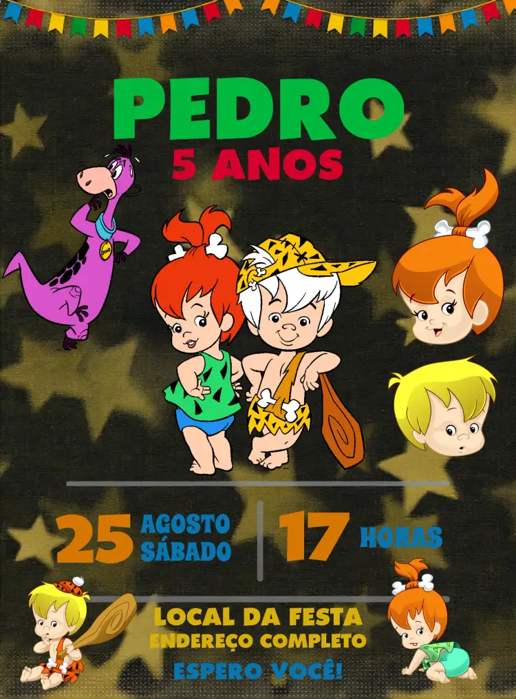 Convite Pedrita E Bambam Pedra – tema Aniversário Infantil colorido, divertido, temático, infantil, moderno
