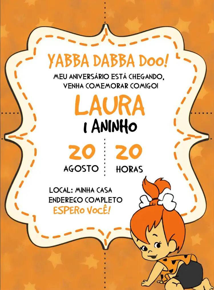 Convite Pedrita Flinstones Digital – tema Aniversário Infantil temática dos Flintstones, cores vibrantes, design divertido, estilo cartoon, elementos gráficos infantis, estilo moderno