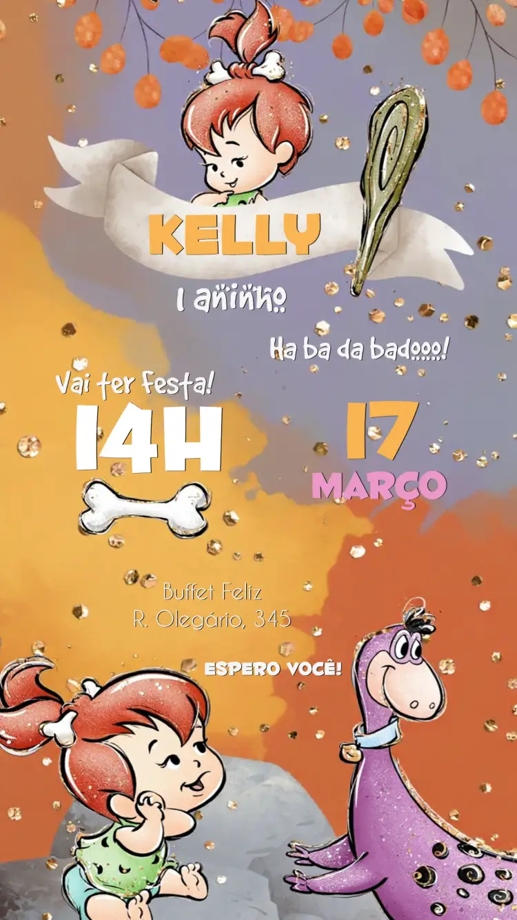 Convite Pedrita Flinstones Idade – tema Aniversário Infantil colorido, divertido, temático Flinstones, estilo cartoon, vintage, lúdico