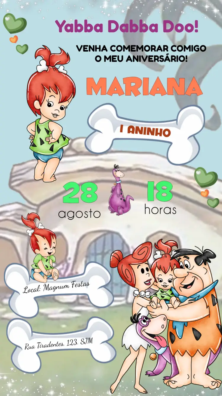 Convite Pedrita Os – tema Aniversário Infantil Flintstones, Pré-histórico, Desenho animado