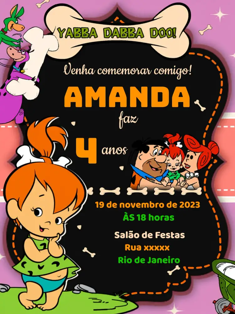 Convite Pedrita Os Flintstones Laranja – tema Aniversário Infantil colorido, divertido, temático, vintage, jovial