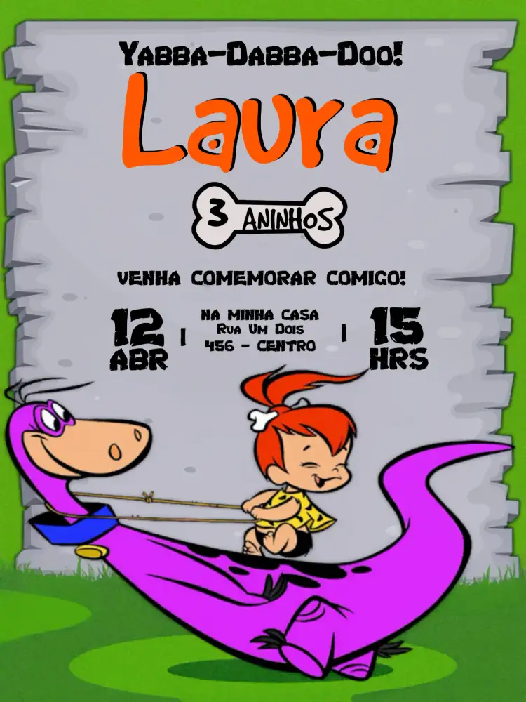 Convite Pedrita Preto – tema Aniversário Infantil temática Flintstones, cores vibrantes, design divertido, elementos gráficos infantis, estilo moderno, inspirado em desenhos animados
