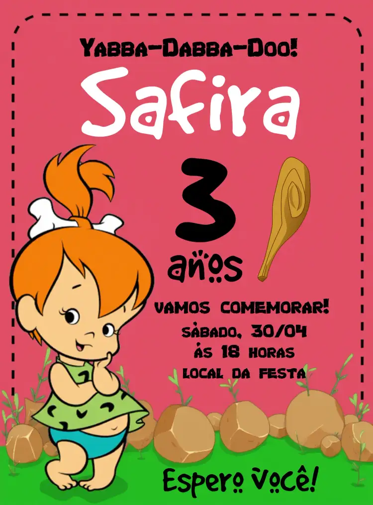 Convite Pedrita Rosa – tema Aniversário Infantil infantil, pré-história, personagens animados, cores vibrantes, divertido, lúdico