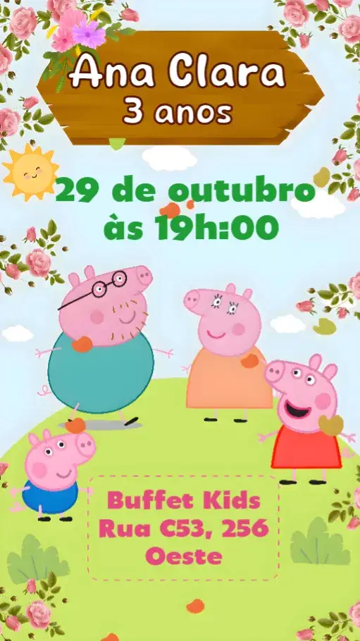 Convite Pepa Pig – tema Aniversário Infantil colorido, divertido, ilustrações infantis, frases alegres, estilo cartoon, tema da TV