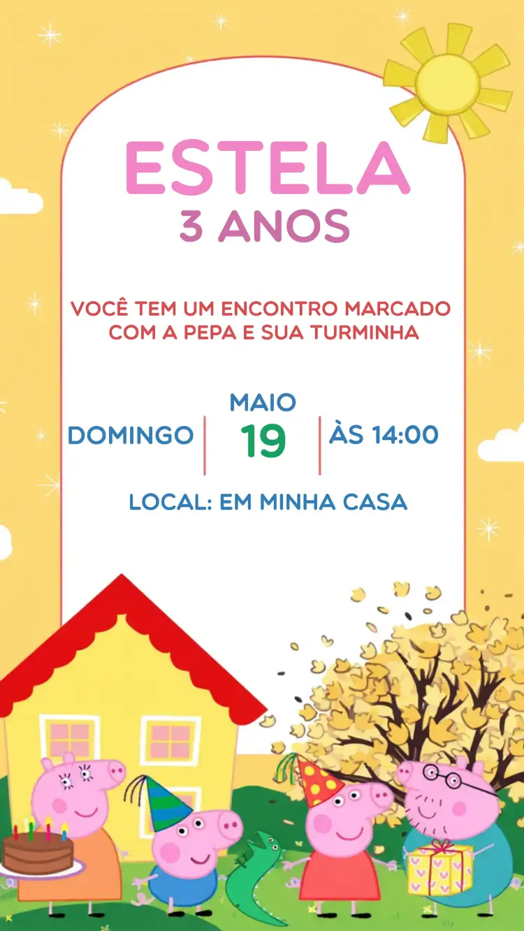 Convite Pepa Pig – tema Aniversário Infantil colorido, divertido, infantil, temática, animado, brincalhão