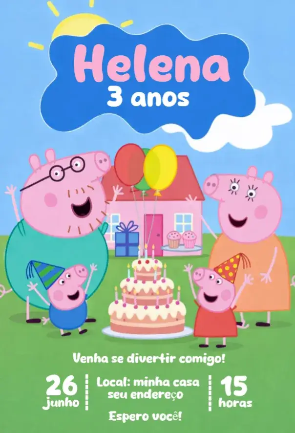 Convite Peppa Pig 1 – tema Aniversário colorido, divertido, infantil, temático, animado, familiar