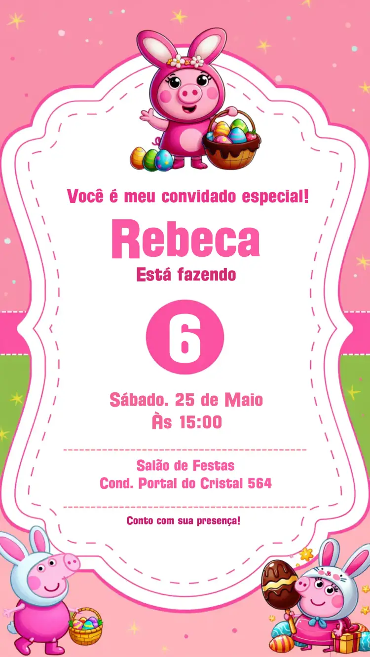 Convite Peppa Pig Coelhinha Bolo – tema Datas Comemorativas colorido, infantil, lúdico, diversão, coelhinho, festa temática