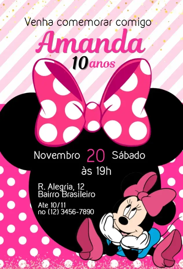 Convite Minnie Bolinhas – tema Aniversário Infantil colorido, divertido, temático, infantil, Disney
