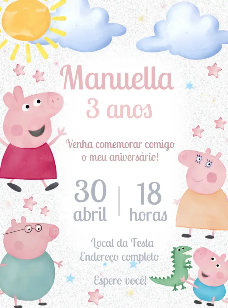 Convite Peppa Pig George – tema Mais pesquisados cores vibrantes, ilustrações lúdicas, estilo infantil, elementos gráficos da Peppa, design divertido, tema rosa