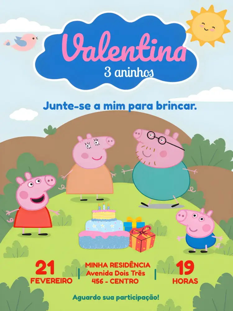 Convite Peppa Pig Infantil – tema Mais pesquisados colorido, divertido, infantil, temático, ilustrações animadas