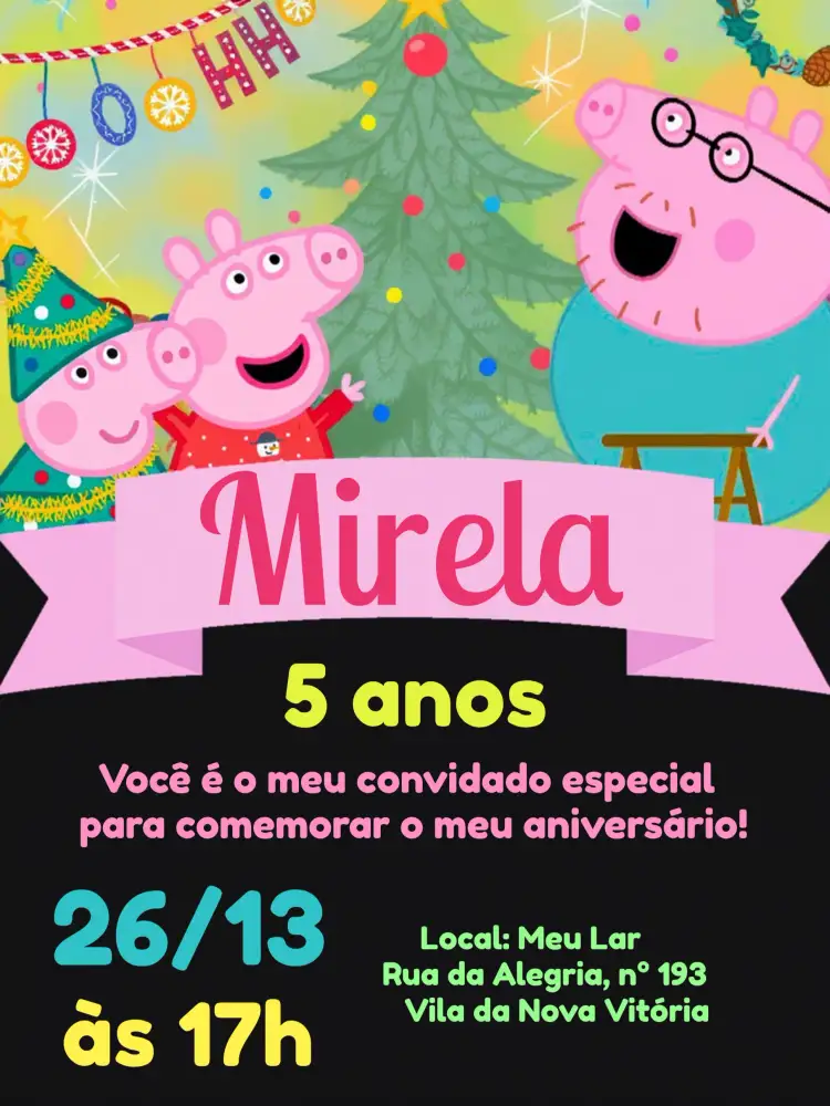 Convite Peppa Pig Natal Cinza – tema Datas Comemorativas cinza, rosa, verde, roxo, divertido, temático