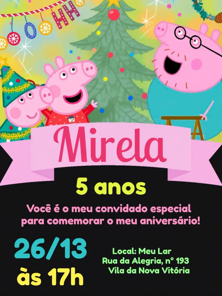 Convite Peppa Pig Natal Cinza