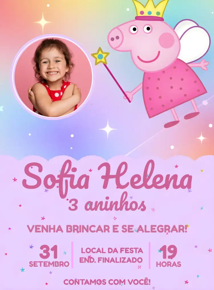 Convite Peppa Pig Rosa Com Foto Lilás – tema Mais pesquisados infantil, colorido, divertido, moderno, doce, lúdico