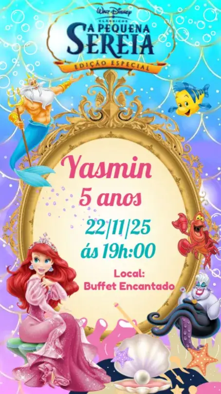 Convite Pequena Sereia – tema Aniversário Infantil marinho, colorido, lúdico, fantasia, água, tropical