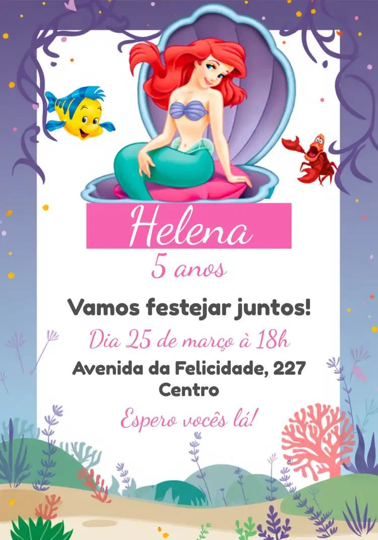 Convite Pequena Sereia Ariel Branco – tema Aniversário Infantil cores rosa e branco, estilo lúdico, elementos do fundo do mar, design infantil, temática de sereias, toque mágico
