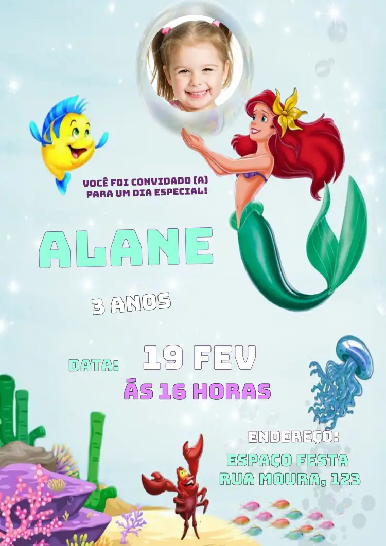 Convite Pequena Sereia Ariel Com Foto Colorido – tema Mais pesquisados oceânico, colorido, infantil, fantasia, marinho