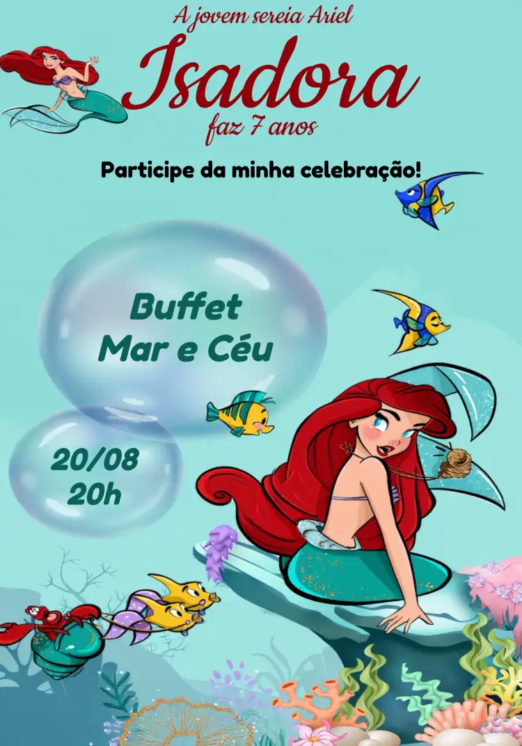 Convite Pequena Sereia Ariel Mar – tema Aniversário marinho, colorido, fantasia, lúdico, divertido