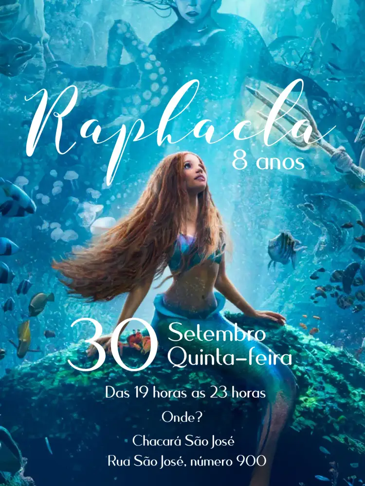 Convite Pequena Sereia Branco – tema Datas Comemorativas fantasia, marinho, colorido, divertido, infantil, moderno