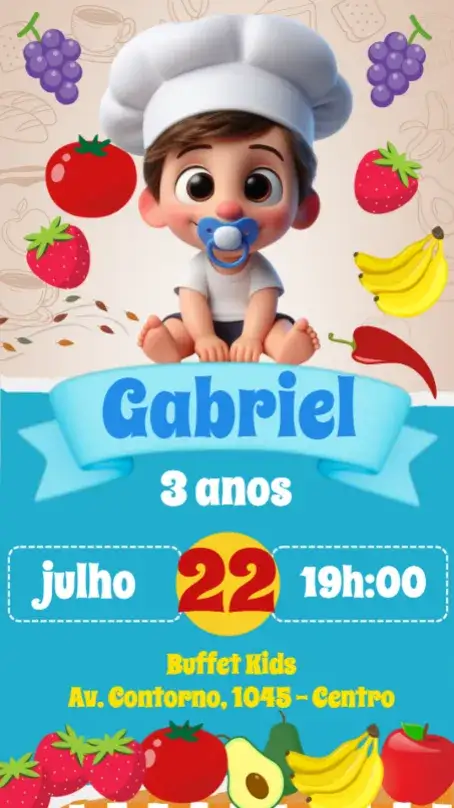 Invitación Pequeno Chef – tema Aniversário Infantil colorido, lúdico, culinário, frutal, moderno