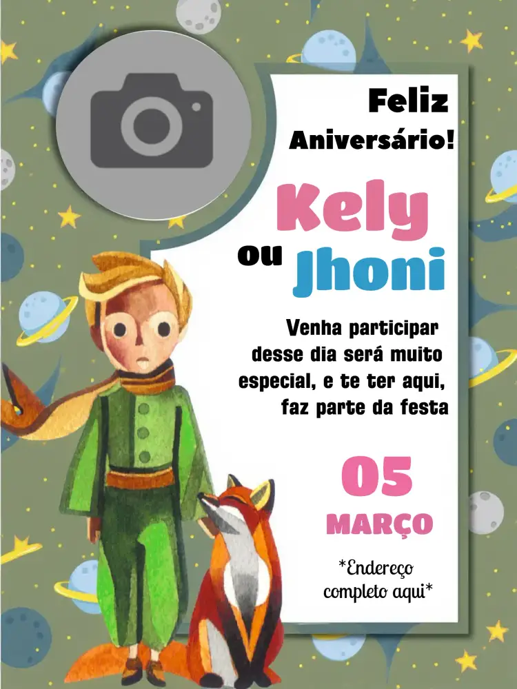 Convite Pequeno Príncipe Com Foto Principe – tema Mais pesquisados fantasia, infantil, suave, ilustração, colorido, lúdico