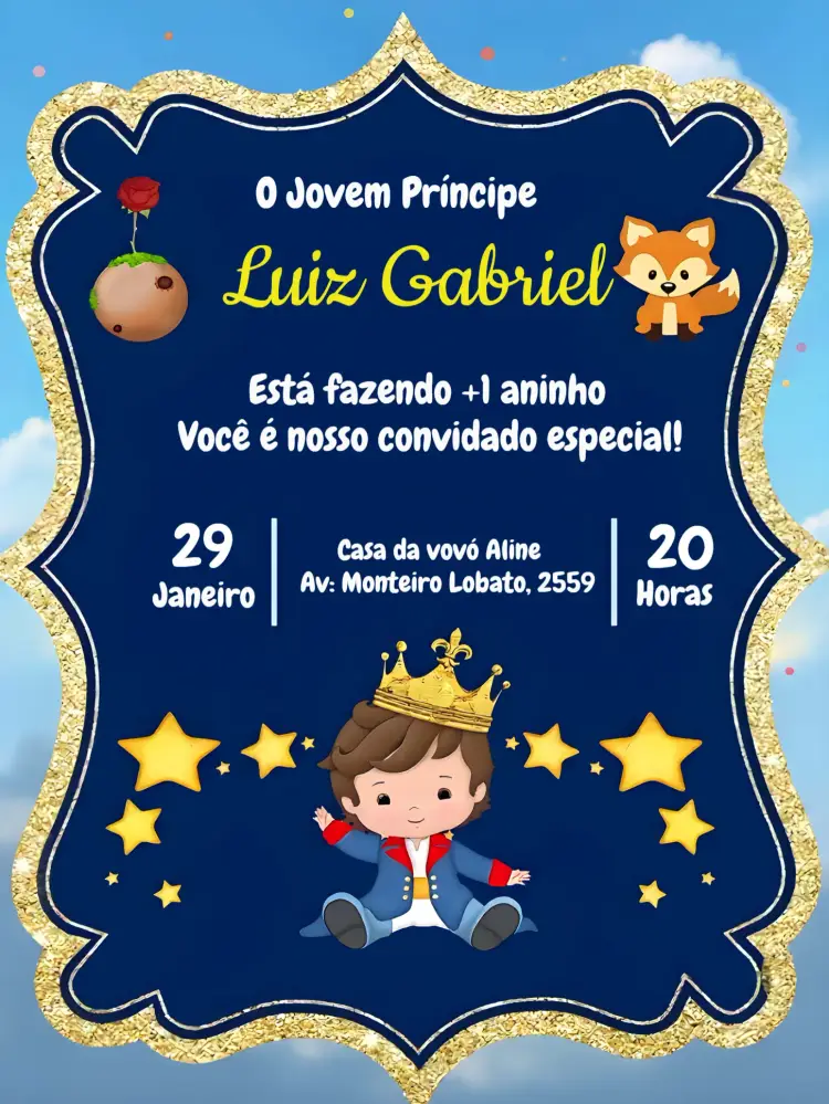 Convite Pequeno Príncipe Menino Glitter Raposa