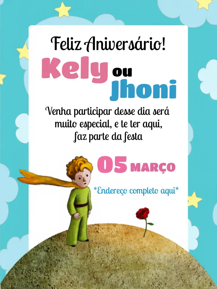Convite Pequeno Príncipe Molde – tema Mais pesquisados lúdico, colorido, infantil, delicado, sonhador