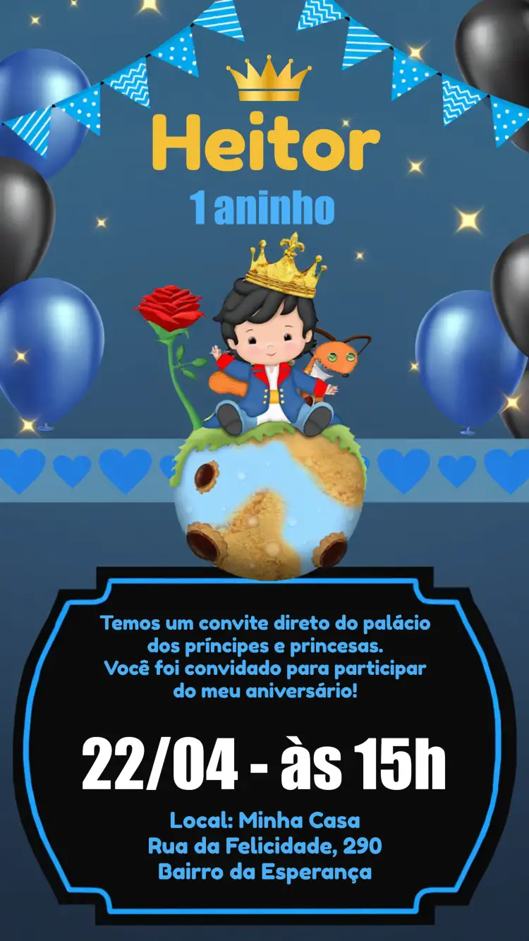 Convite Pequeno Príncipe Realeza – tema Datas Comemorativas azul, dourado, branco, infantil, elegante, fantasia