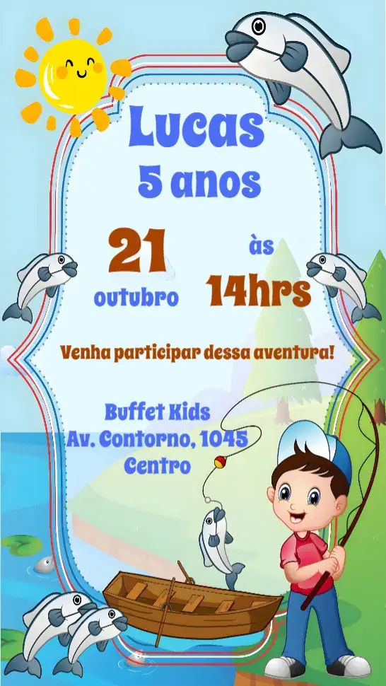 Convite Pescaria – tema Aniversário cores vibrantes, elementos gráficos de pesca, estilo descontraído, ilustrações de peixes, design festivo, toques aquáticos