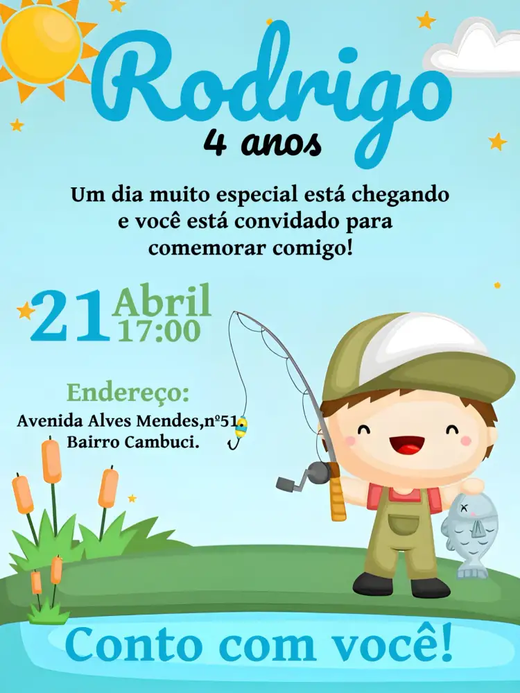 Convite Pescaria Homem – tema Aniversário temática de pesca, cores azul e verde, elementos gráficos de rio, design divertido, estilo rústico, inspirado na natureza